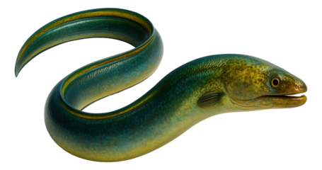 Realistic illustration of a colorful moray eel with a sleek, elongated body and spotted skin on transparent background.