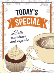 Vector illustration showcasing today s special offer featuring a delicious latte macchiato paired with a fresh cupcake. Perfect for coffee shop menus and promotional materials.