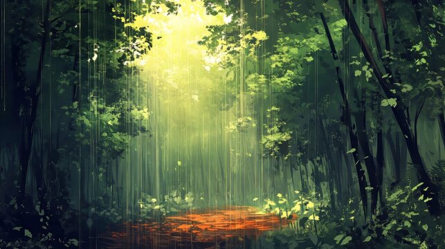 Rain falling through a dense forest canopy