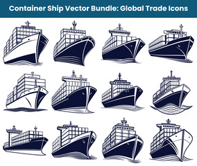 Illustration Twelve Container Ships for Global Trade and Transport Icons