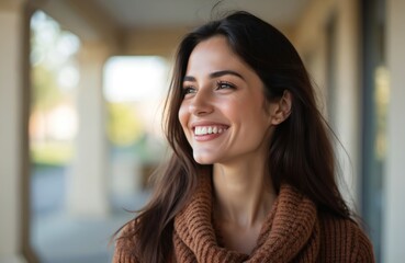 Head shot portrait of young Armenian woman with wide candid smile. Attractive, happy, cheerful. Dreamy expression, enjoying good news, feeling optimistic. Natural beauty and positive emotions.