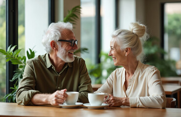Happy senior couple enjoys date in cafe. Elderly man, woman with glasses drink coffee, talk, laugh together. Mature couple enjoy retirement lifestyle. Caucasian people. Indoor warm light.