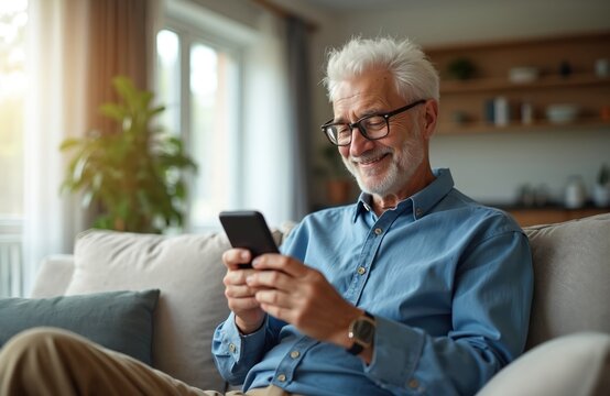 Cheerful senior man using smartphone at home on couch. Elderly man smiling while holding mobile phone, surfing internet, chatting online. Happy grandfather with gadget, digital tech. - Powered by Adobe