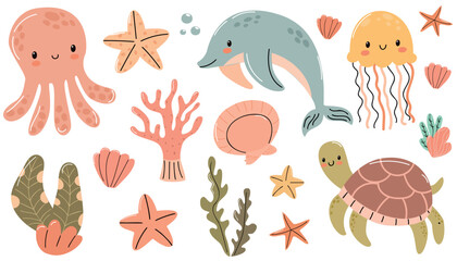 Colorful marine life illustrations including an octopus, dolphin, jellyfish, turtle, starfish, coral, and seaweed. Bright and playful design for children's themes.
