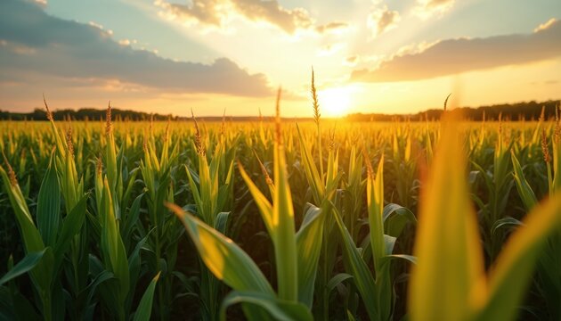 Golden sunset over expansive cornfield in Ohio. Lush crops ready for harvest. Agriculture, farming concept. Picturesque rural landscape. Corn stalks glowing at dusk.