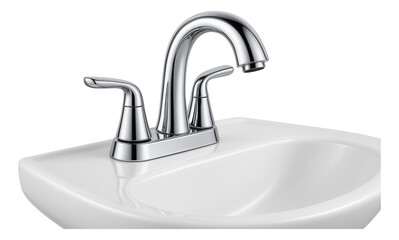 Shiny modern chrome bathroom faucet with two handles installed on a white ceramic sink on transparent background.