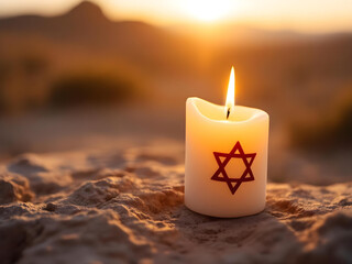 burning candle with star of david symbol at golden hour in desert setting
