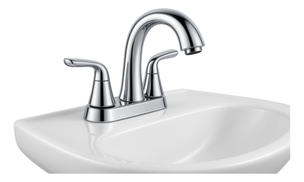 Shiny modern chrome bathroom faucet with two handles installed on a white ceramic sink on transparent background.