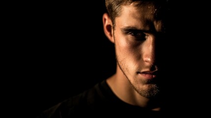 Obraz premium A close-up of a young man in a black t-shirt, his face partially illuminated by a single light source, creating dramatic shadows that emphasize his intense gaze against a dark backdrop