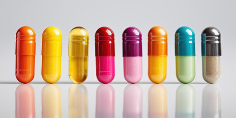Obraz premium Row of multicolor two-piece hard starch capsule of drug isolated on white background.
