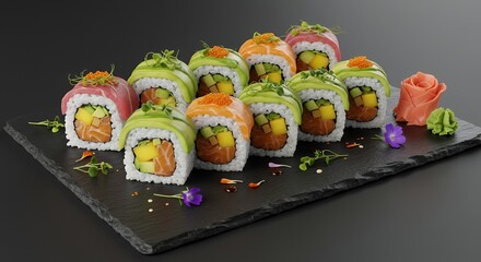 Delicious Sushi Rolls with Avocado, Salmon, and Mango on Black Slate
