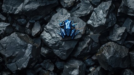 A vibrant blue frog perched on a bed of dark, textured rocks.