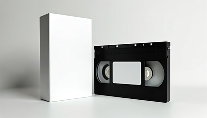 Minimalist illustration of VHS cassette mockup with blank white label, case. Perfect for retro design concepts. Nostalgic, vintage media storage template. VHS video tape in front of white box for