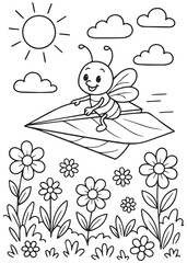 Coloring book bee flying a paper airplane over a field of blooming flowers under the sun