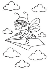 Coloring book bee pilot with goggles, flying a paper airplane through fluffy clouds