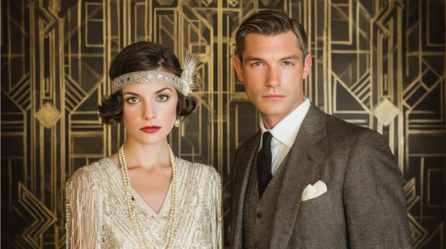 A couple dressed in 1920s-inspired wedding fashion, with the bride in a beaded flapper dress and the groom in a classic suit, set against an art deco backdrop