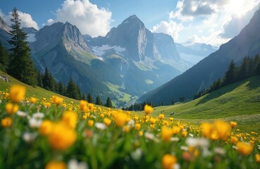 Idyllic mountain scenery in the Alps. Lush blooming meadows with yellow flowers in springtime. Peaks, blue sky background. Rural landscape, fresh nature, perfect vacation destination.
