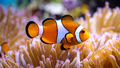 Vibrant Clownfish Amphiprioninae Swimming Amongst Sea Anemone in Coral Reef.