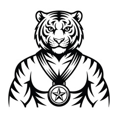 Stylized tiger bodybuilder with medal in black and white illustration, perfect for strength and sport concepts

