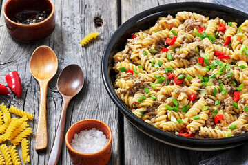 creamy ground beef cheeseburger pasta, top view