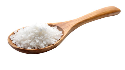 White salt with wooden spoon isolated on white background 