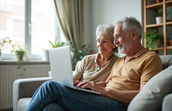 Senior couple uses laptop sitting on sofa in living room at home. Elderly people watch content, shop online, communicate. Happy retired man and woman, home interior, cozy, comfort, leisure.