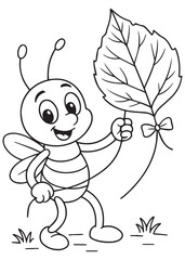 Coloring book  bee proudly presenting a giant leaf tied with a bow