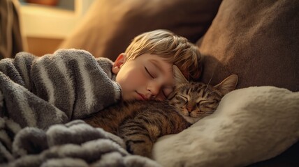 Cute child peacefully sleeps cuddling with a cat on a cozy couch in a warm living room during the evening