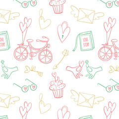 Colorful funny children doodle icon seamless pattern. Cute happy kid drawing symbol wallpaper print, diverse education concept background illustration texture.
