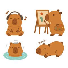 Cute Capybara Vector Cartoon Illustration Set