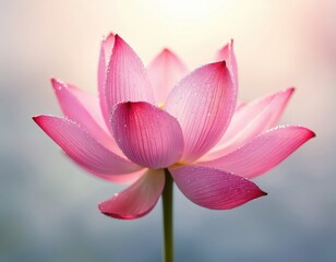 Obraz premium Close-up of blooming lotus flower. Pink petals with water drops. Summer bloom, symbol purity, beauty, serenity. Asian culture inspiration, meditation, spa. Perfect for zen, wellness, yoga, spa