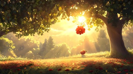 Fototapeta premium Enchanted Forest Sunrise, Red Flower, Apple, and Flower Field