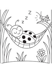 Coloring book ladybug sleeping peacefully in a grass hammock, watched by a quiet grasshopper