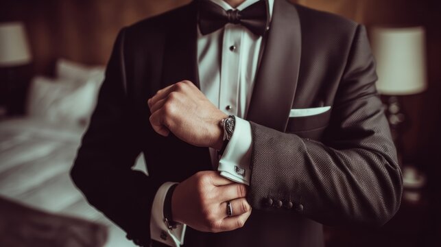 A groom in a traditional black tuxedo with a bow tie, adjusting his cufflinks in a softly lit room, highlighting timeless sophistication