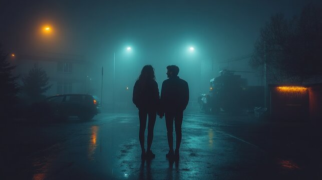 Misty night, couple walks hand in hand