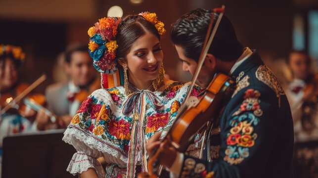 A groom in a traditional charro suit and the bride in a colorful embroidered dress, celebrating their wedding with mariachi musicians