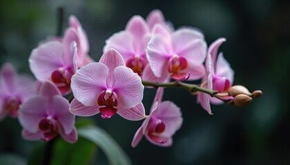 Close-up image pink orchids. Delicate petals, vibrant colors, botanical beauty. Perfect for floral designs, wedding invitations, spring decor, natural backgrounds. Elegant beauty in bloom. Floral
