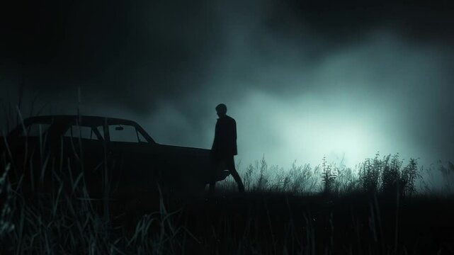 Eerie night scene with silhouette of person standing in foggy field near vintage car. Mysterious atmosphere with dark sky and glowing light, for a true crime with a killer, a detective or a policeman