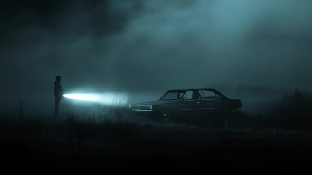 Foggy night scene with silhouetted figure standing near vintage car. A flashlight illuminate misty field and a moody, atmospheric setting suggests mystery or true crime scenario