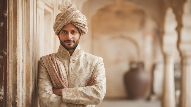 A groom in a traditional cream sherwani with a matching turban and stole, standing confidently in a heritage courtyard