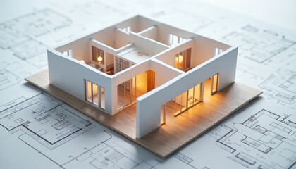 3D model of modern passive house on floor plan blueprints. Architectural design with open layout sustainable living. Home interior rendering energy-efficient eco-friendly construction, residential