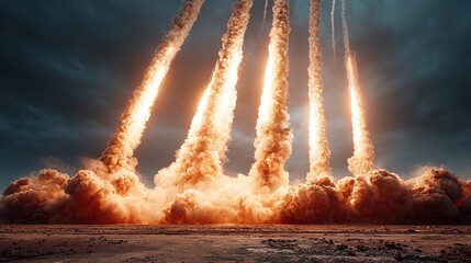 Rockets launching, creating smoke and dust clouds