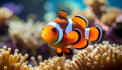 Vibrant Clownfish in Coral Reef with Underwater Scene, and Tropical Marine Life.