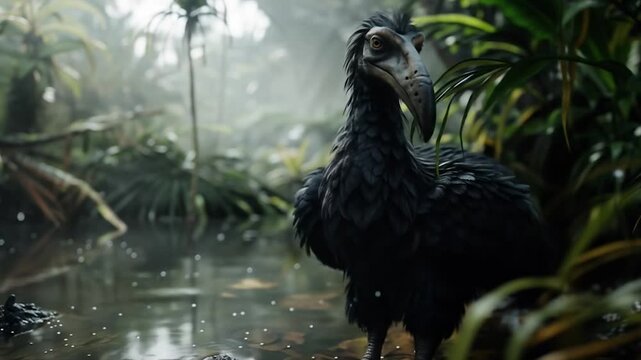 A striking Dodo bird stands moving by a tranquil jungle pool, its dark feathers and robust beak prominent against the vibrant, verdant tropical backdrop. Extinct animal in real life