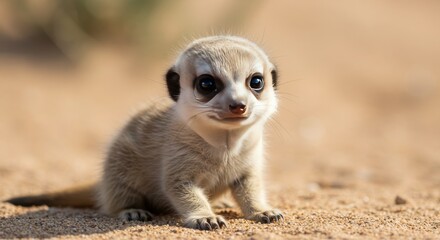 Fototapeta premium A small meerkat sits on the sandy ground. It has a light brown coat with darker patches around its eyes. The background is a blurred desert landscape.