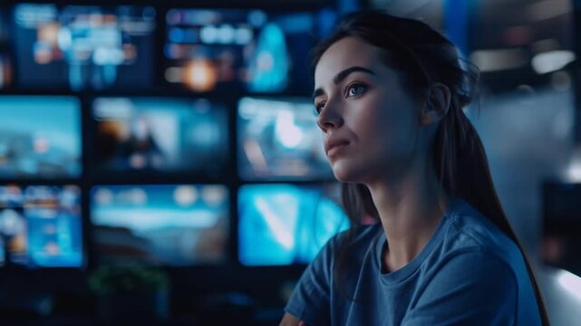 Young communication student analyzing media content on multiple screens in broadcast studio preparing for professional journalism and television career.  Job and audiovisual work