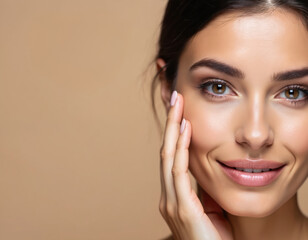 Beautiful woman face with healthy, radiant skin. Closeup studio portrait of smiling female with perfect makeup, touches face. Cosmetology, beauty, skincare, cosmetology, facial treatment.