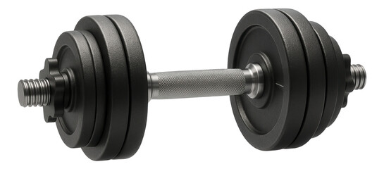 Black adjustable dumbbell with textured metal grip and multiple weight plates on transparent background.