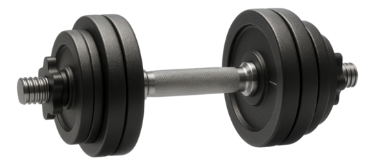 Black adjustable dumbbell with textured metal grip and multiple weight plates on transparent background.