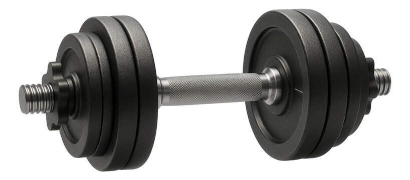 Black adjustable dumbbell with textured metal grip and multiple weight plates on transparent background.